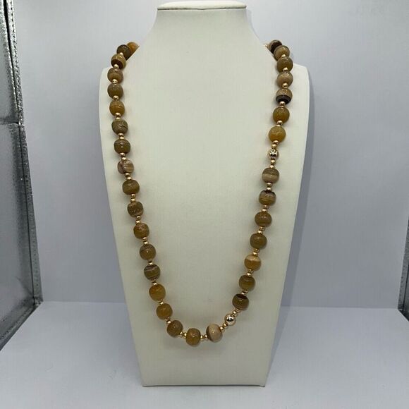 Round Stone Vintage Estate Necklace Bead Earth Tone Beige Iridescent Multi - Picture 1 of 7